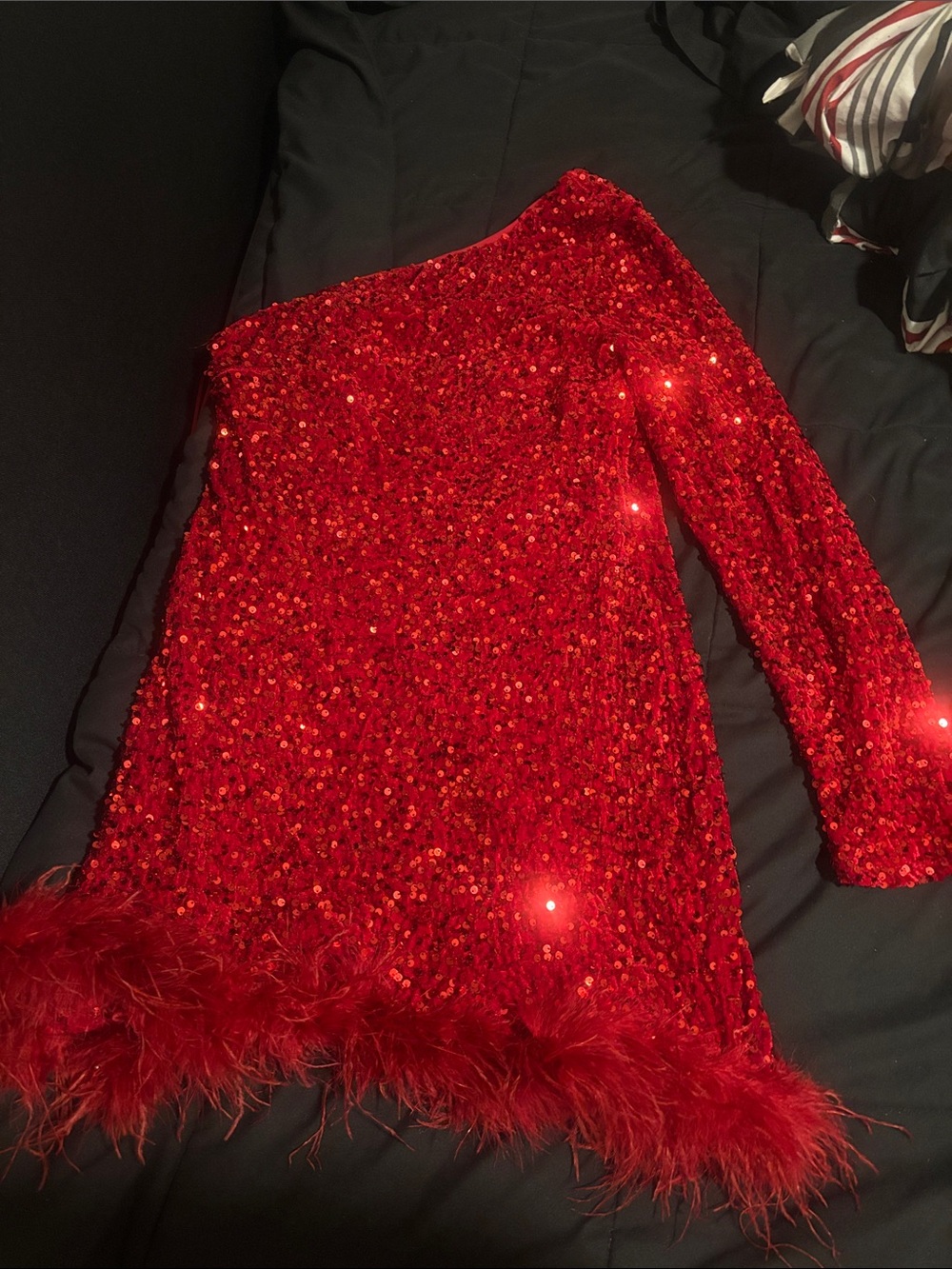 Fashion Nova Red One-Shoulder Sequin Mini Dress with Feather Hem